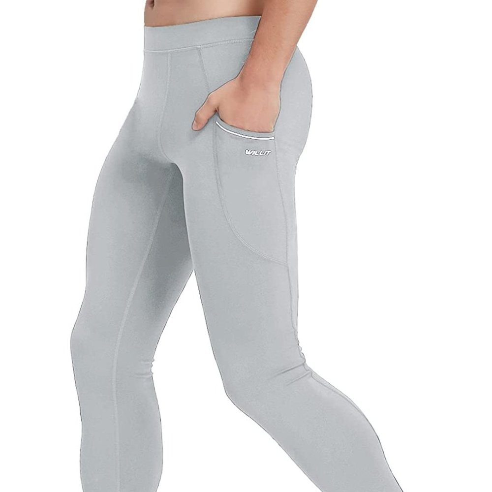 Willit - Grey Men's Active Compression Leggings for Running, Yoga, Workout etc.